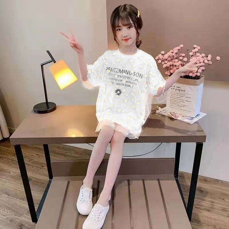 速发新款网纱女童短袖T恤网红连衣裙亲子装母女装中大童中长款T恤