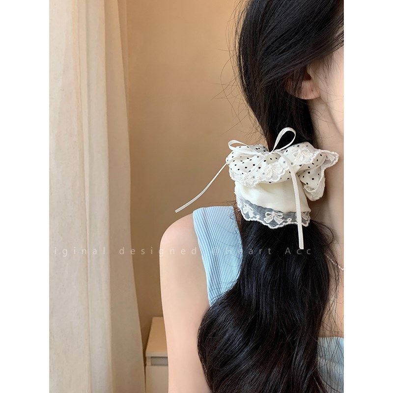 现货波点蕾丝蝴蝶结大肠发圈女韩系芭蕾风飘带方巾头绳扎马尾发绳