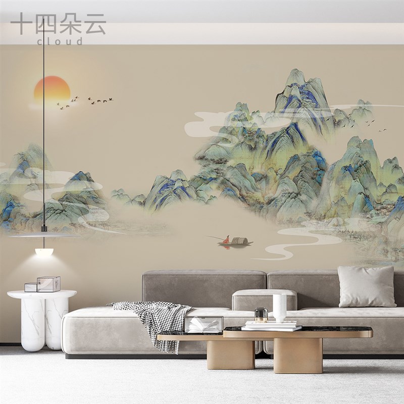 现货新款千里江山图壁纸轻奢新中式山水壁布电视背景墙纸客厅沙发