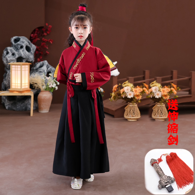 速发儿童古装汉服男童中国风侠客套装童花木兰国学服男唐装演出服