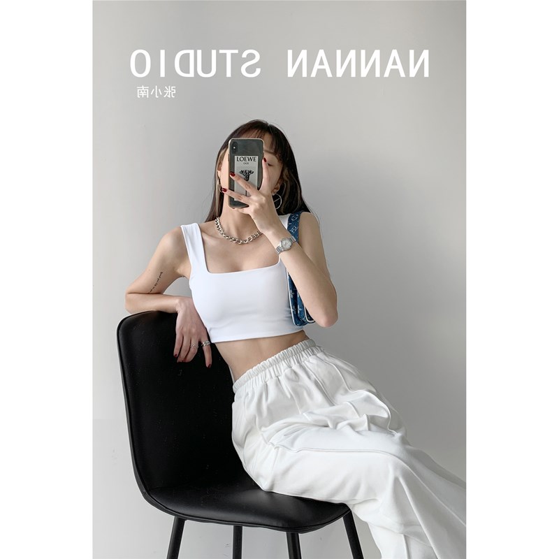 速发欧美INS街头风方领露锁骨吊带小背心女纯色宽肩带打底衫运动