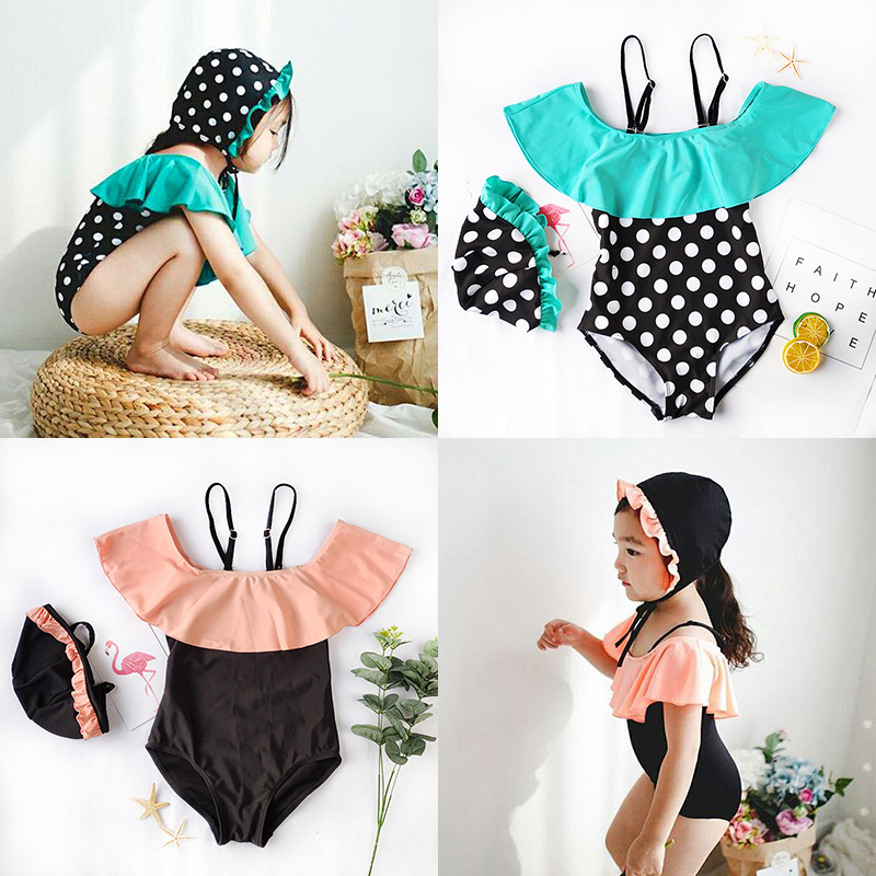 速发新款童连体游边叶花大拼色波点吊带中荷童孩泳装带帽