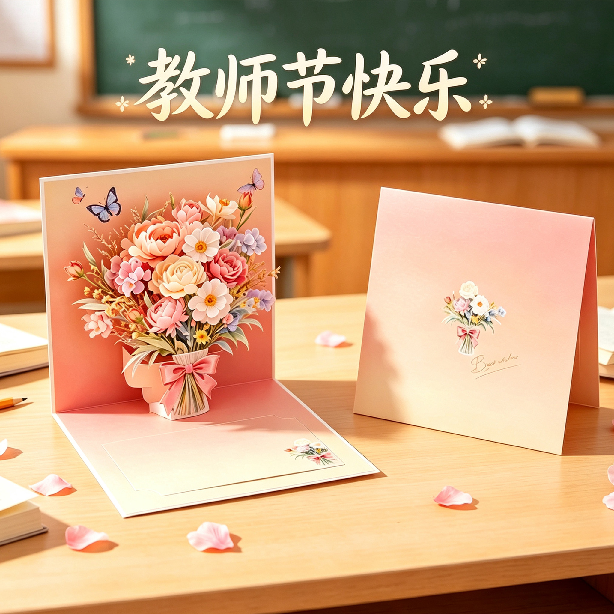 教师节贺卡感恩送女老师礼物祝福卡学校节日感谢师恩3D花束小卡片
