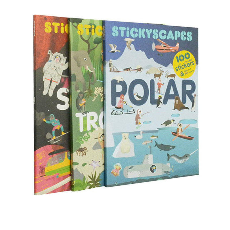 英文原版 Stickyscapes Space/Tropical/Polar 一公尺长卷 贴纸拉拉书 3册 STEM自然科学小学科普读物