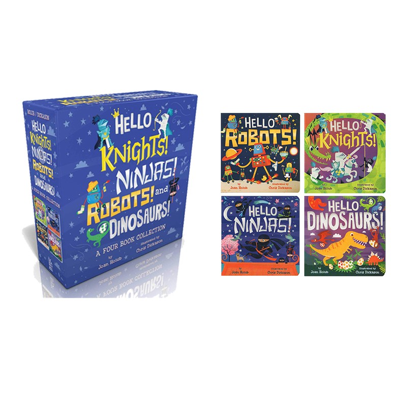 英文原版 Hello Knights Ninjas Robots and Dinosaurs 4册盒装 你好机器人和恐龙 纸板翻翻书 STEM百科科普启蒙