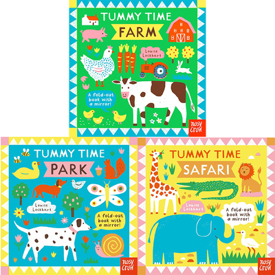 英文原版 Tummy Time 宝宝趴着玩纸板书3册 折叠式手风琴书 附安全镜 公园/农场/野生动物园 婴儿抬头训练 趣味早教启蒙探索