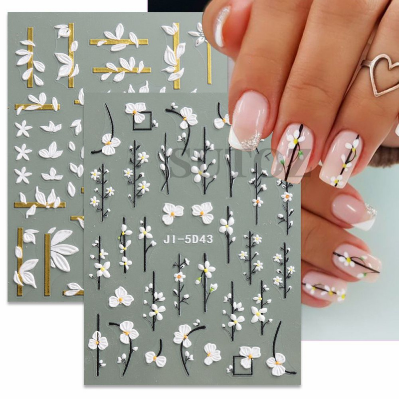 新款浮雕美甲贴日系简约白色花朵