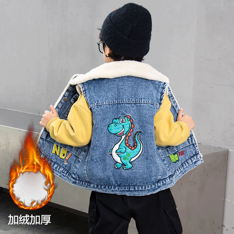 马甲男童牛仔款加绒恐龙冬装
