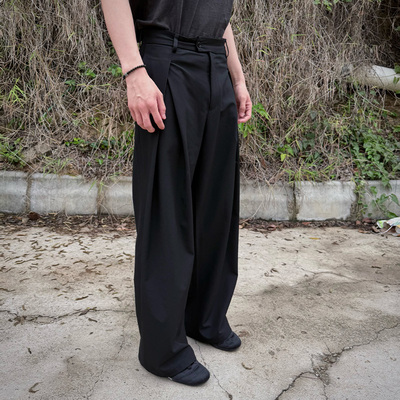 混纺西裤阔腿裤打褶西裤