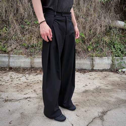 混纺西裤阔腿裤打褶西裤