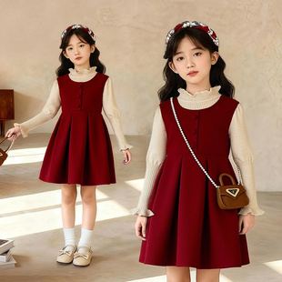 红色拜年服洋气时尚 女童韩版 新款 2025秋冬季 连衣裙 新年公主裙套装