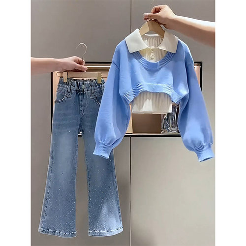 女童时尚卫衣牛仔裤三件套