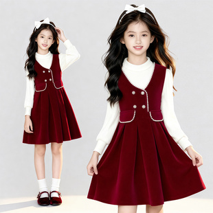 女童加厚拜年服秋冬季 红色新年洋气保暖连衣裙两件套潮 2025年新款
