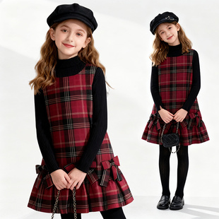 女童连衣裙秋冬季 黑色半高领打底拜年服格子裙子两件套 2025年新款