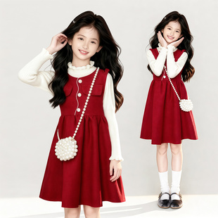 女童秋冬季 红色拜年服新年洋气加厚设计感连衣裙两件套潮 2025新款