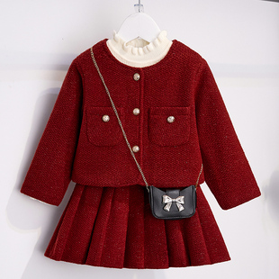儿童安可拉红外套女孩半身裙打底三件套 2025新款 女童冬季 过年套装