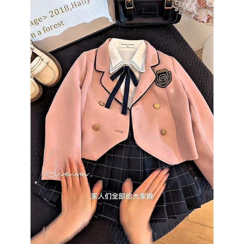 韩版西服外套洋气百褶裙三件套