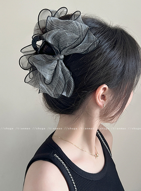 网红加大号蝴蝶结发夹多层灵动光泽感灰色抓夹后脑勺盘发鲨鱼夹新
