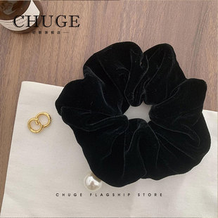 复古大颗珠珠醋酸丝绒大肠圈高级感精致时尚 优雅显气质发绳肠圈新