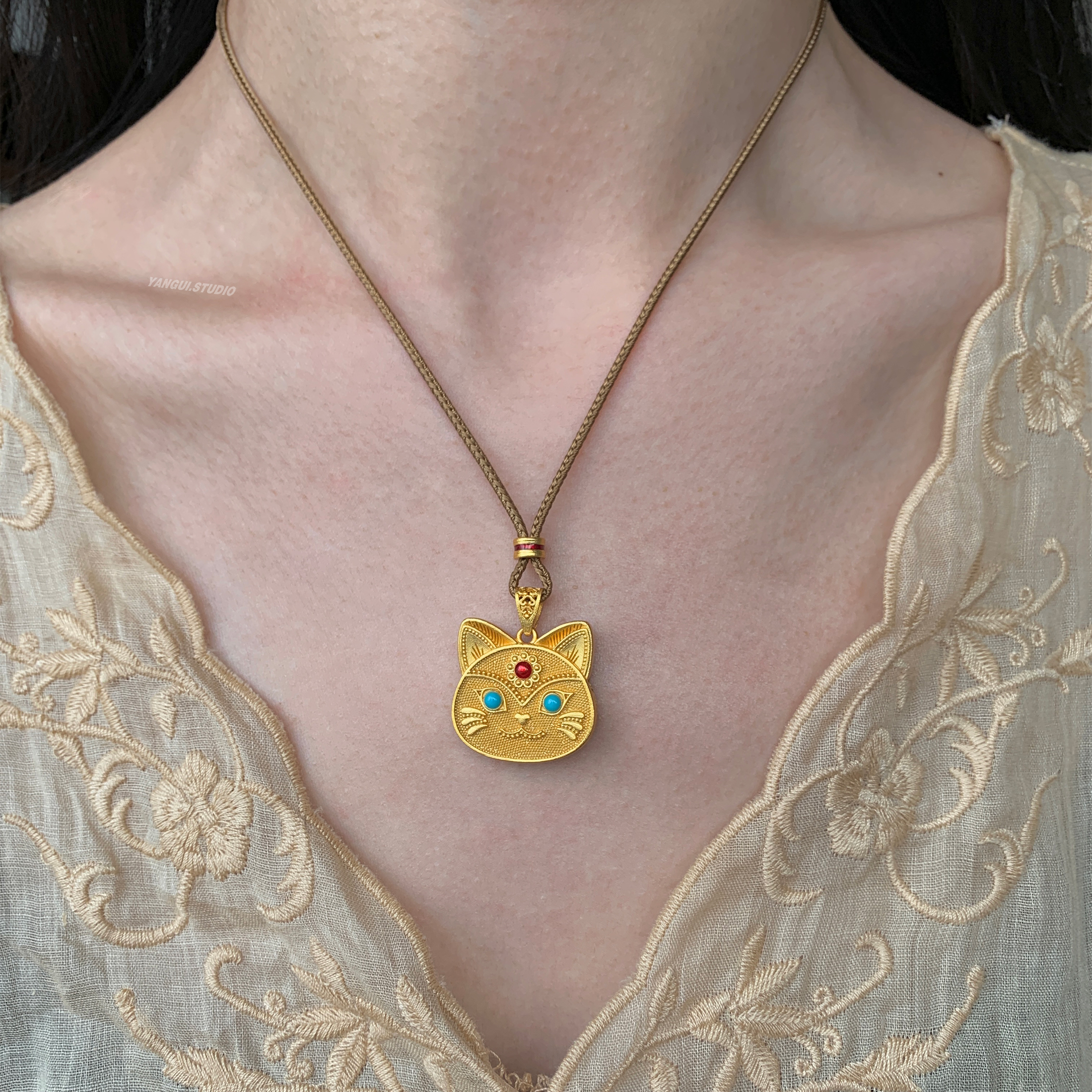 燕归法老猫国风新中式足银项链女