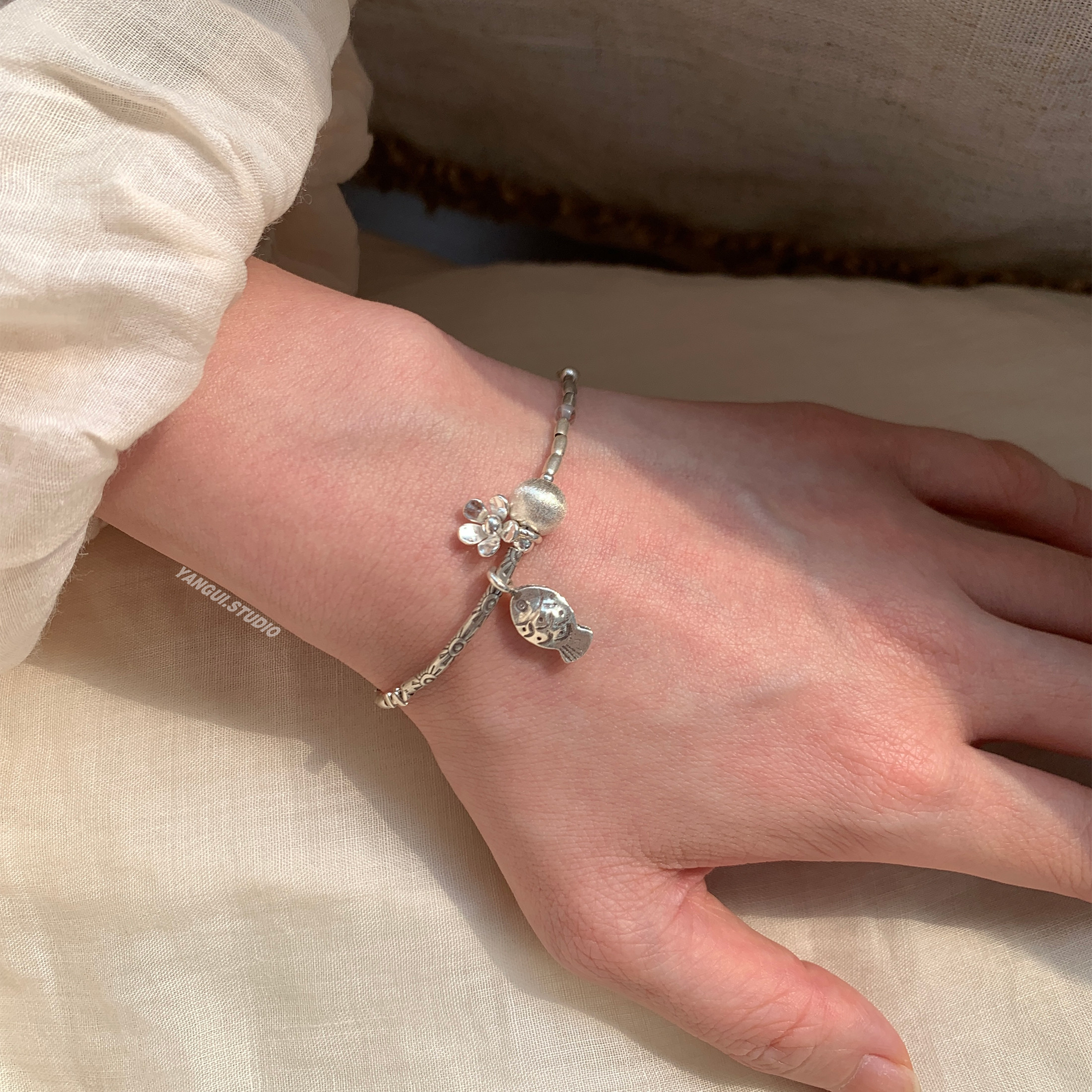 Yangui原创「小泰银鱼」国风新中式纯银s925百搭流行轻奢重工手链
