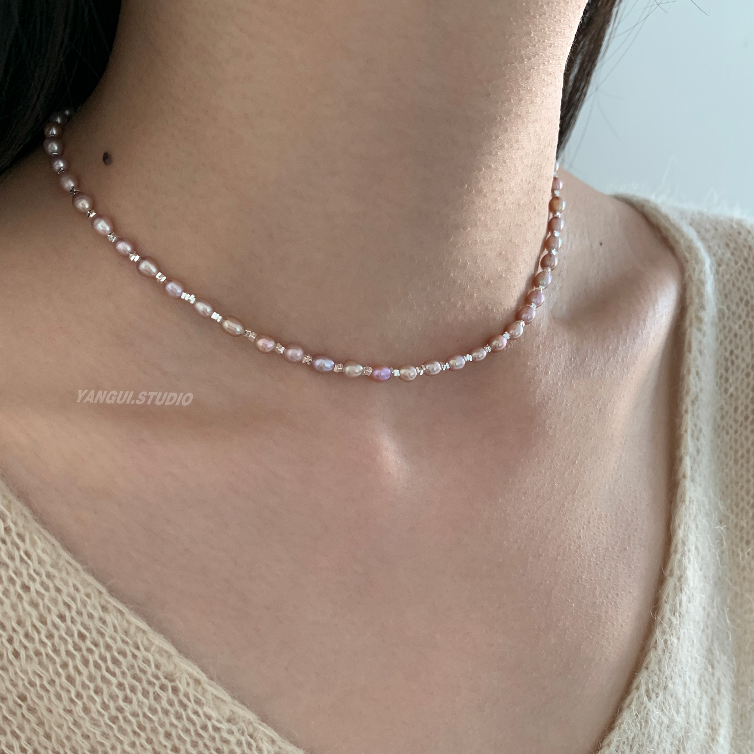 Yangui原创「紫淡」时尚流行纯银925锁骨链天然珍珠百搭重工项链