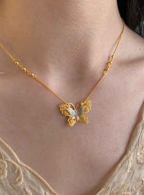 燕归沁芳玉蝴蝶足银轻奢项链女