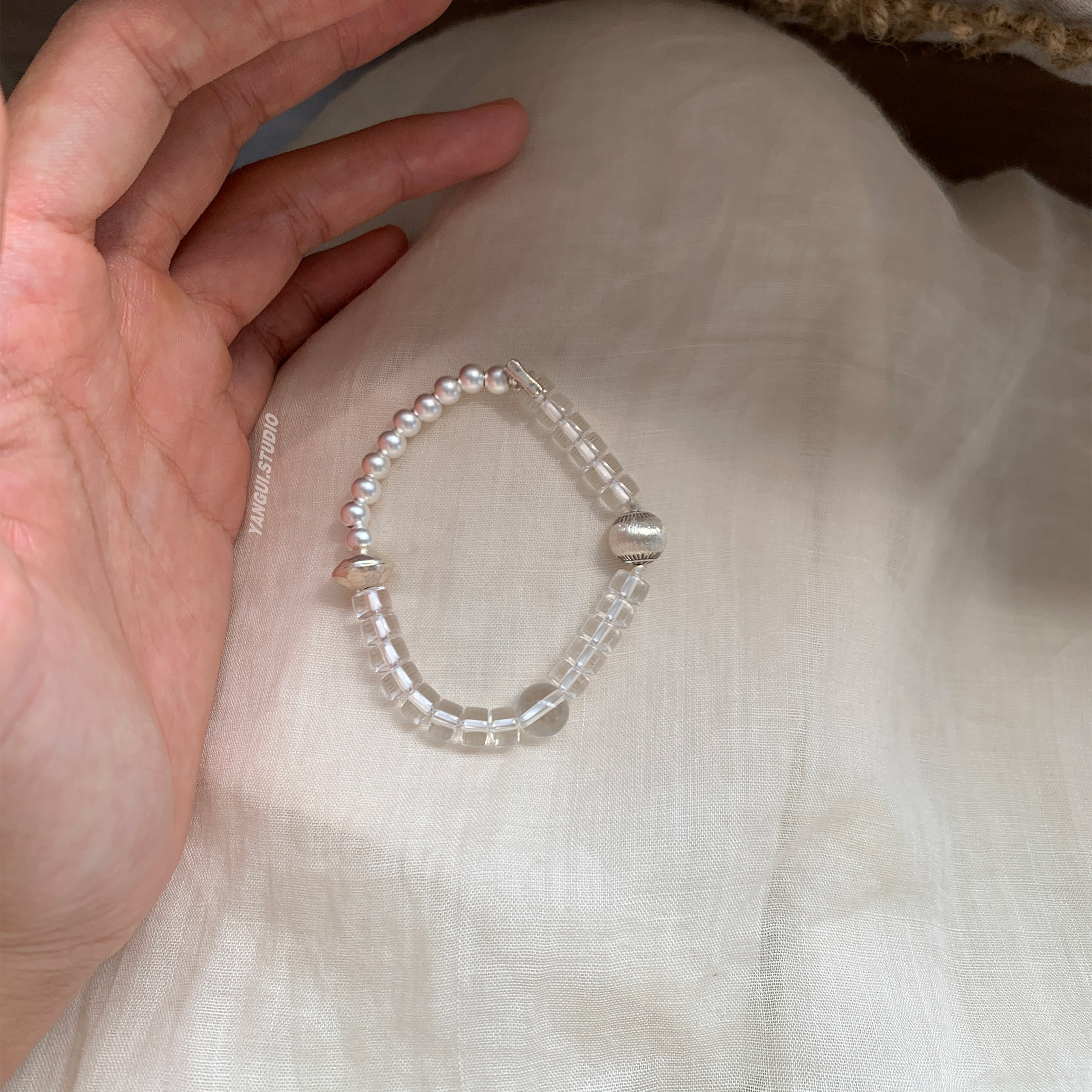 Yangui原创「白星记」时尚流行纯银s925白水晶百搭轻奢叠戴手链女