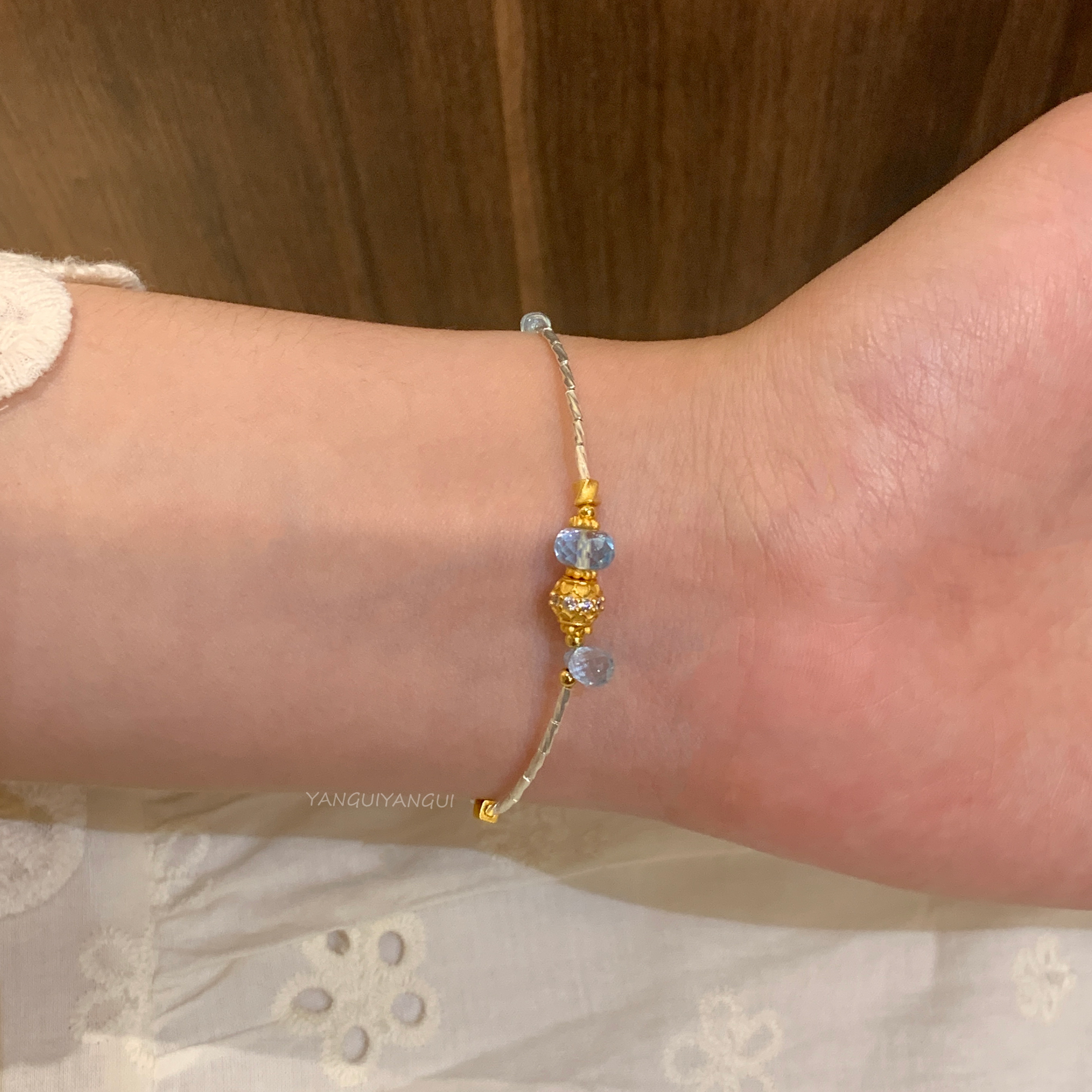 燕归原创蓝泪托帕石纯银925手链