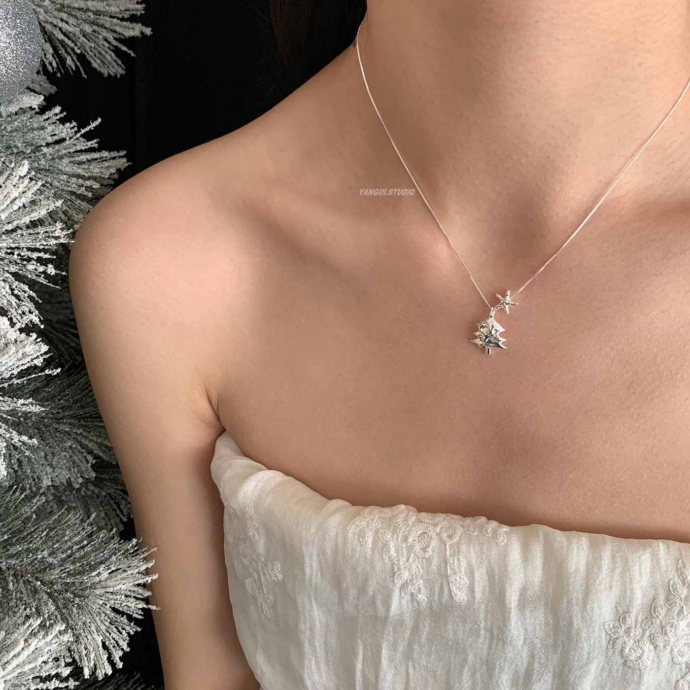 燕归原创圣诞树之星纯银锁骨链