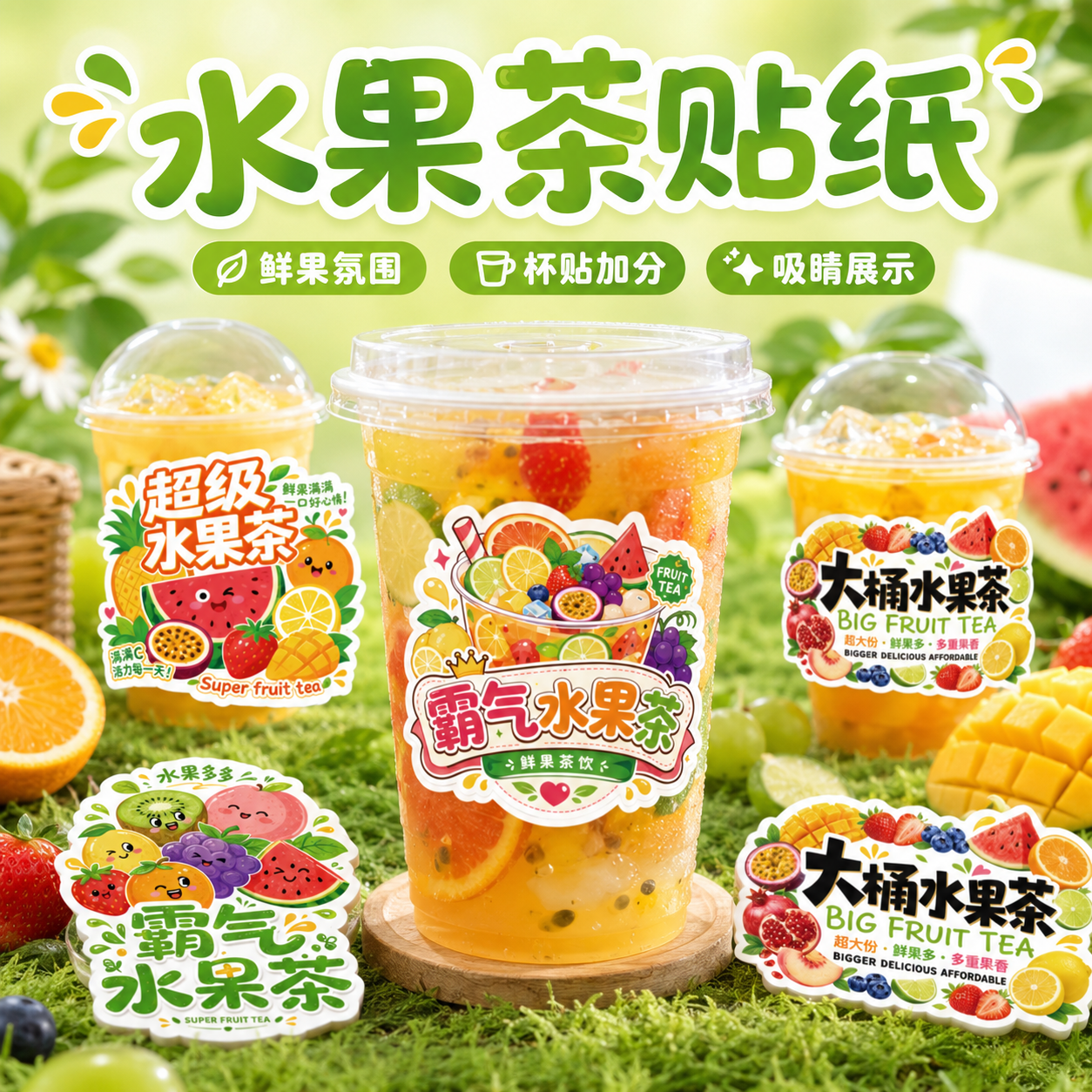 水果茶贴纸不干胶标签大桶水果茶杯贴瓶贴奶茶店果汁饮品防水贴纸