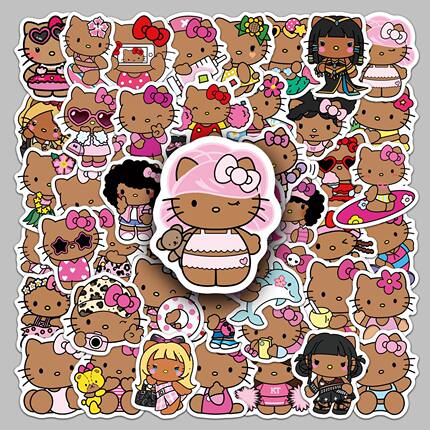 50张黑皮kt猫贴纸创意HelloKitty手账素材电脑水杯三丽鸥贴纸