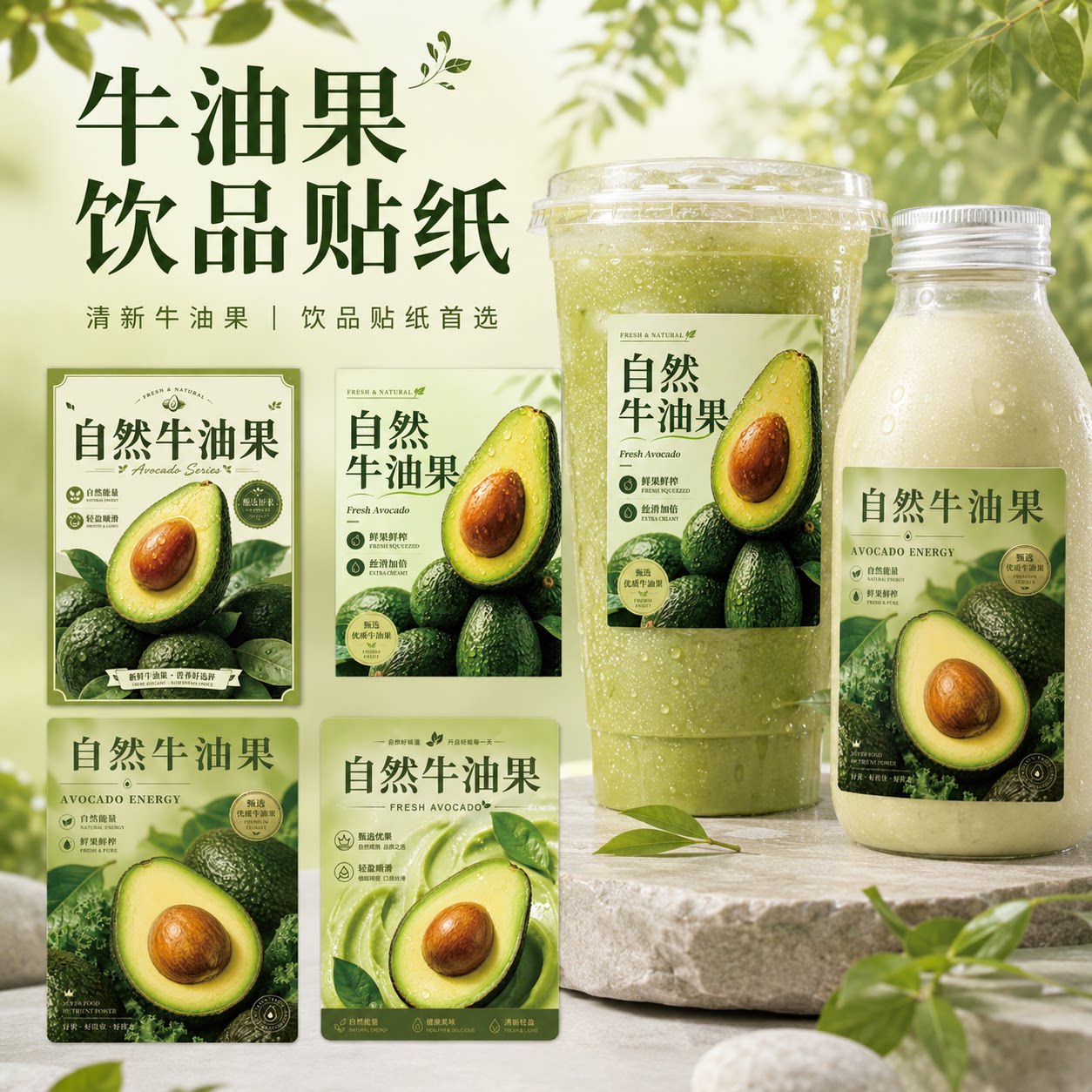 自然牛油果贴纸现货不干胶标签饮品杯贴瓶贴果汁包装防水现货贴纸图片