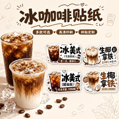 冰咖啡贴纸现货不干胶标签冰美式生椰拿铁杯贴咖啡店饮品包装贴纸