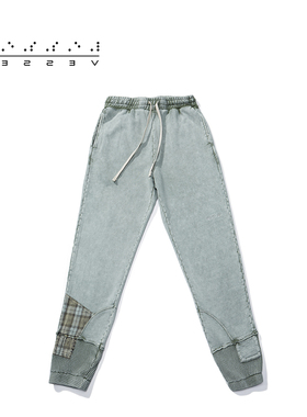 xVESSELWaffle Plaid Trousers 水洗破坏复古格纹拼接运动长裤