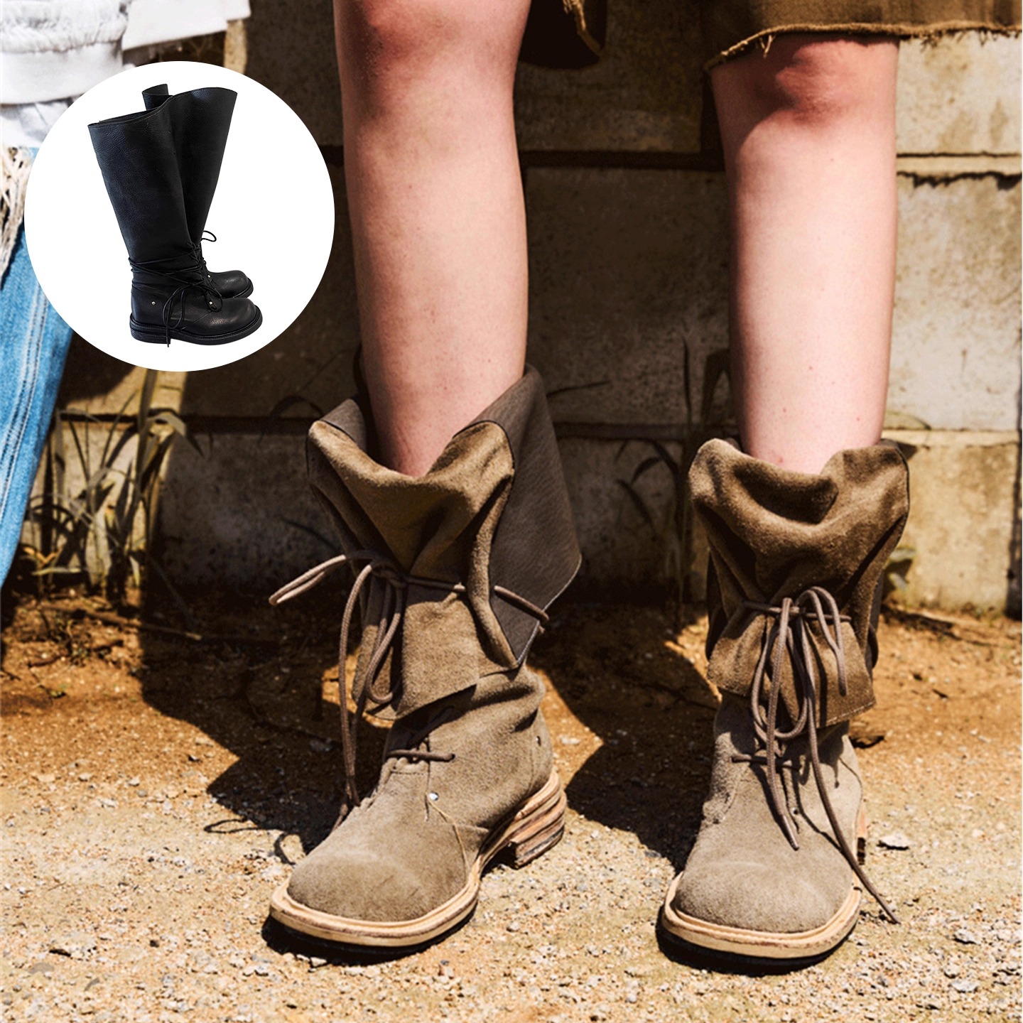 复古长筒绑带过膝靴女堆堆靴