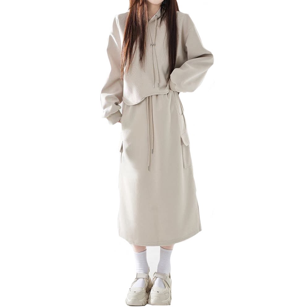 韩版小众设计感时尚秋冬新款套装女简约通勤连帽卫衣长裙两件套