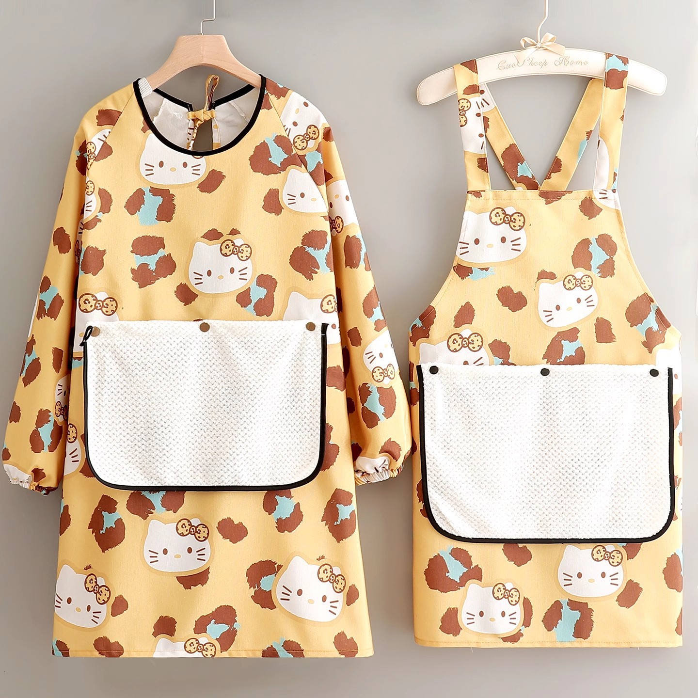 新款个性卡通围裙厨房家用做饭防污耐磨长袖奶茶咖啡厅上班工作服