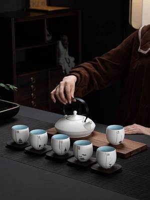 禅意茶具套装大号提梁壶家用中式陶瓷整套办公喝茶壶茶盘茶杯简约