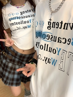 GTGA 国潮美式字母印花男女T恤夏季潮牌纯棉一长一短情侣短袖