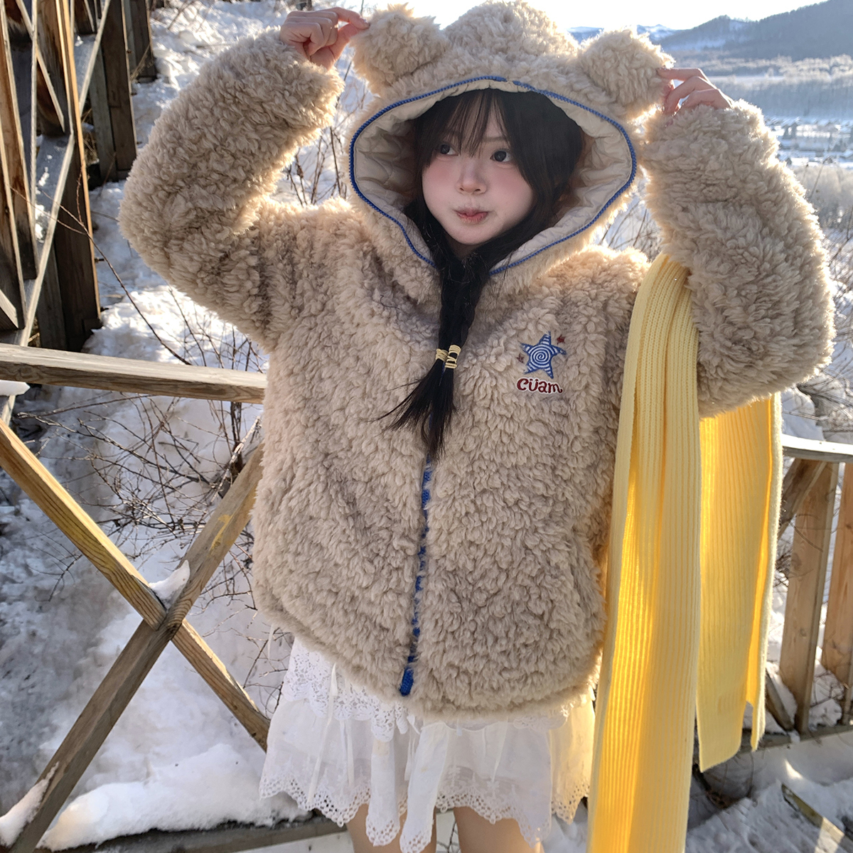 GTGA可爱熊耳朵连帽羊羔毛棉衣女冬季宽松保暖百搭毛茸茸夹棉外套