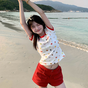 彩色水果印花短袖 短款 T恤女宽松百搭正肩圆领上衣潮 夏季 GTGA美式