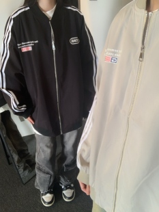 GTGA美式高街三条杠条纹夹克春秋季男女棒球服宽松情侣外套