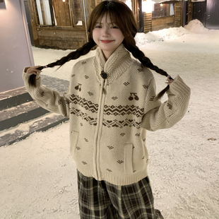 GTGA樱桃复古提花针织开衫 拉链重工慵懒风毛衣上衣 外套女秋冬新款