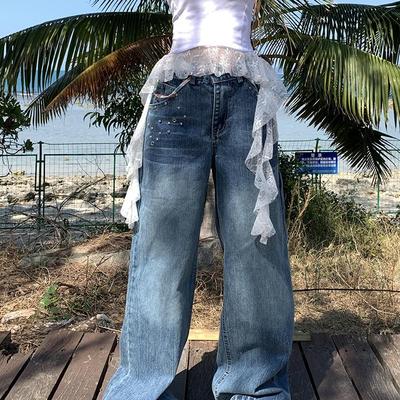 GTGA美式水洗做旧复古蓝色铆钉牛仔裤男女2025春夏阔腿直筒长裤