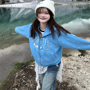 百搭外套 早秋新款 GTGA美式 复古字母印花星星满印连帽卫衣男女同款