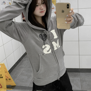 GTGA字母印花双开拉链开衫连帽卫衣外套秋设计感复古条纹短款修身