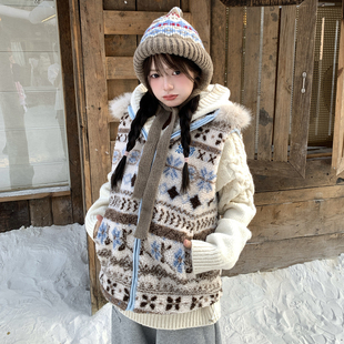 无袖 可拆卸毛领开衫 棉服 新款 GTGA复古费尔岛风羊羔毛马甲男女冬季