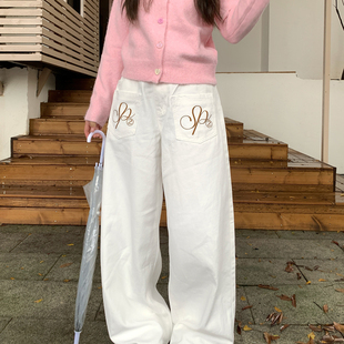 潮 设计感直筒休闲阔腿百搭长裤 GTGA美式 复古刺绣水洗弯刀牛仔裤