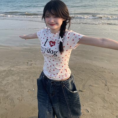 GTGA夏美式复古狗爪爱心印花正肩短袖T恤女短款辣妹显瘦收腰上衣